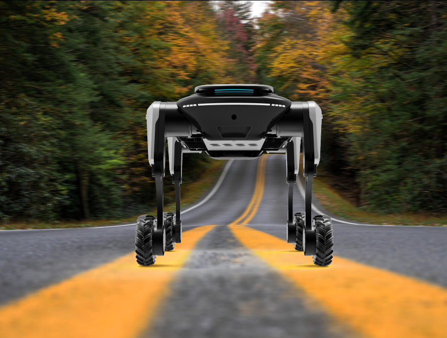 Close-up of quadruped robot on roadway, demonstrating AI-powered bionic motion and dynamic balance enabled by the DynaCore full-body motion system.