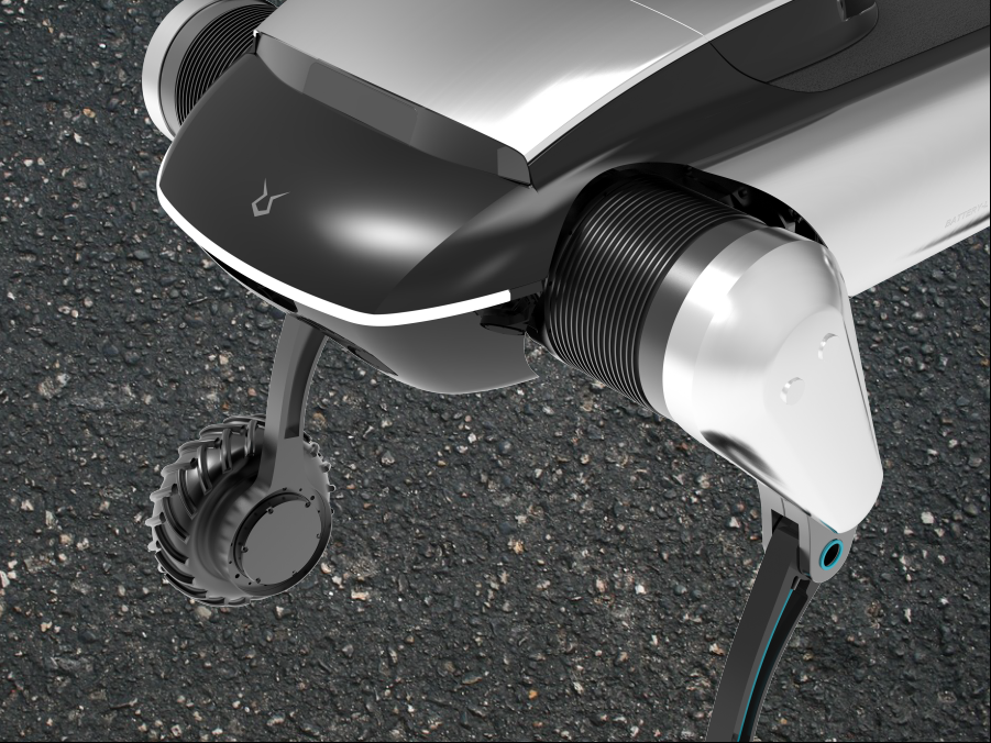 Close-up of quadruped robot's head and joint, showcasing the innovative DynaForce joint module with high-torque, lightweight, and precision electromechanical design.