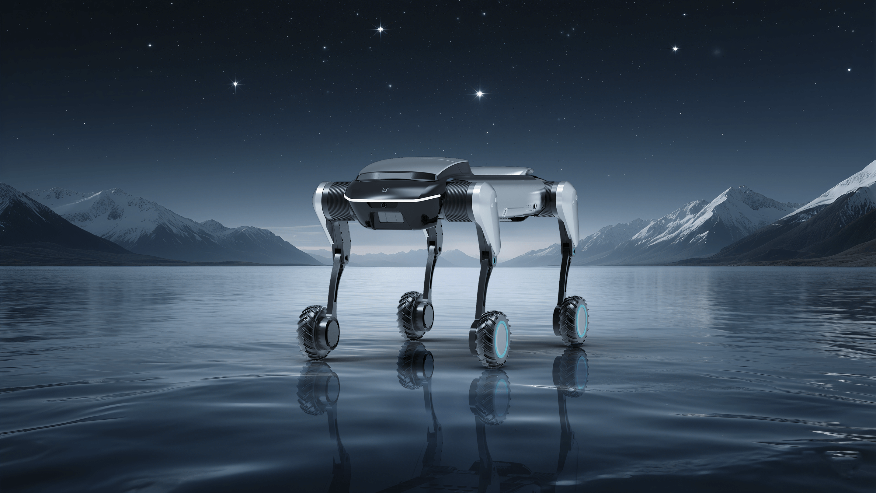 Waterproof robot dog walking on icy glacier river, demonstrating durability and performance in extreme environments.